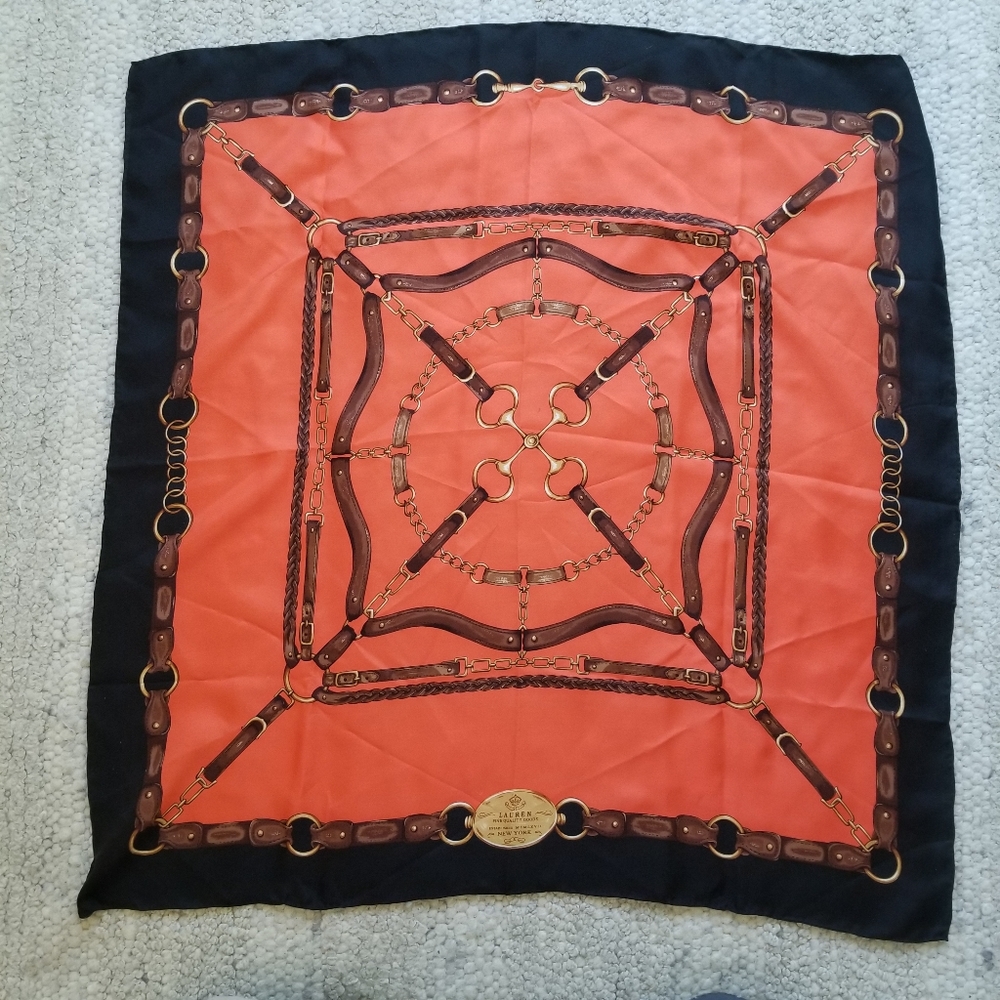 Ralph Lauren Silk Scarf Equestrian Motif 36x36 EUC